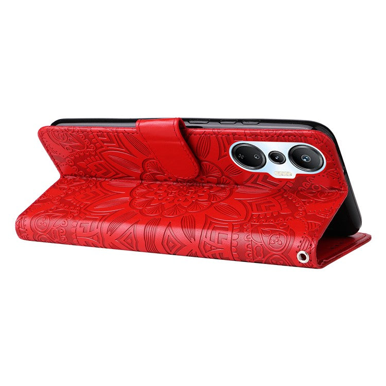 For Infinix Hot 20S 4G PU Leather Sunflower Imprinted Smartphone Case Stand Wallet Cover with Hand Strap - Red