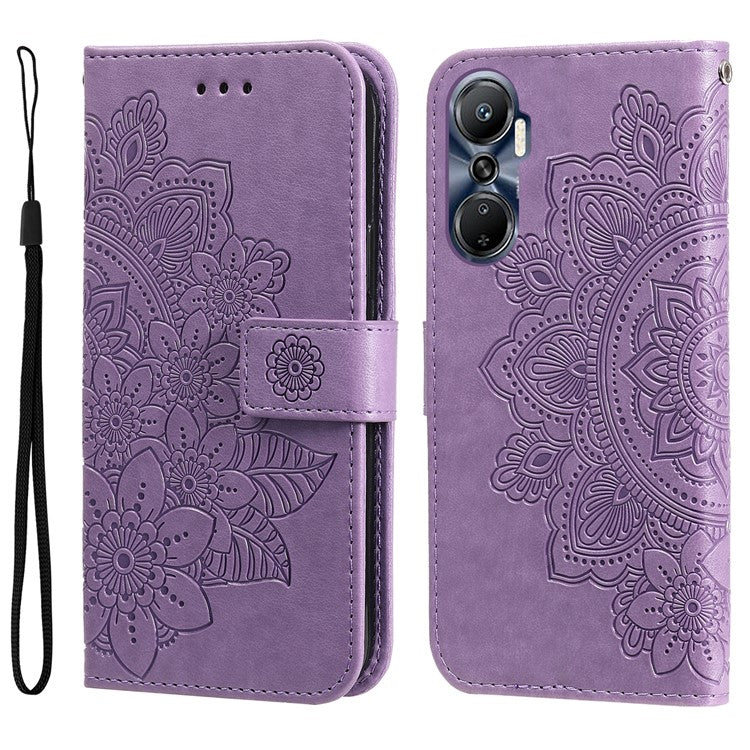 For Infinix Hot 20 4G Shockproof PU Leather Phone Case Stand Wallet Flower Imprinting Anti-Drop Phone Cover with Strap - Purple