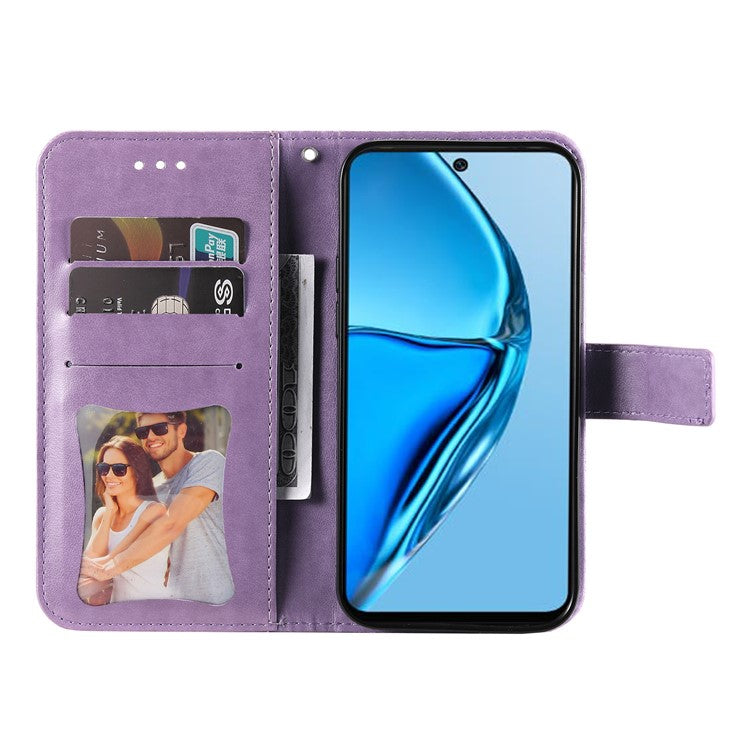 For Infinix Hot 20 4G Shockproof PU Leather Phone Case Stand Wallet Flower Imprinting Anti-Drop Phone Cover with Strap - Purple