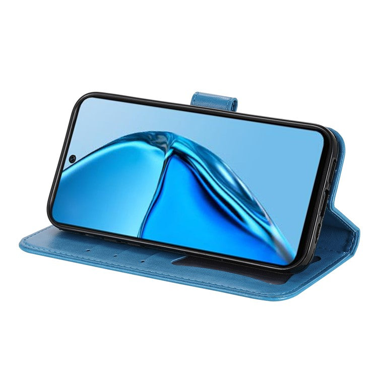 For Infinix Hot 20 4G Shockproof PU Leather Phone Case Stand Wallet Flower Imprinting Anti-Drop Phone Cover with Strap - Blue