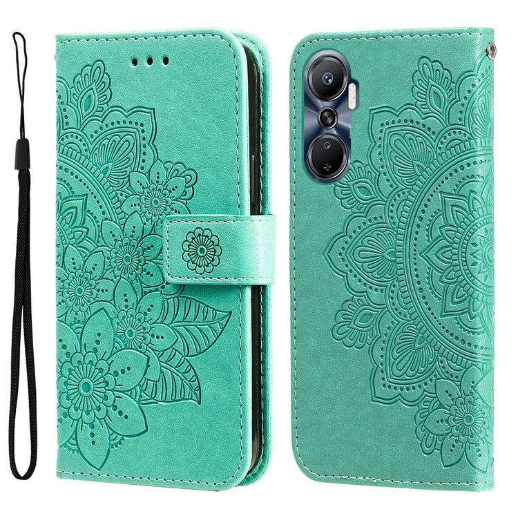 For Infinix Hot 20 4G Shockproof PU Leather Phone Case Stand Wallet Flower Imprinting Anti-Drop Phone Cover with Strap - Green