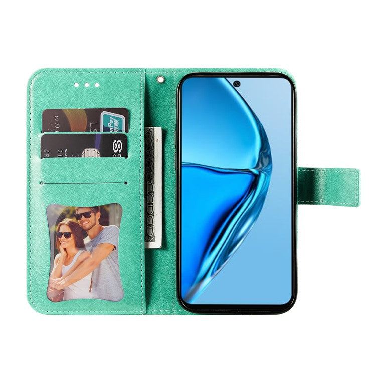 For Infinix Hot 20 4G Shockproof PU Leather Phone Case Stand Wallet Flower Imprinting Anti-Drop Phone Cover with Strap - Green