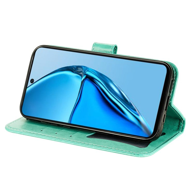 For Infinix Hot 20 4G Shockproof PU Leather Phone Case Stand Wallet Flower Imprinting Anti-Drop Phone Cover with Strap - Green