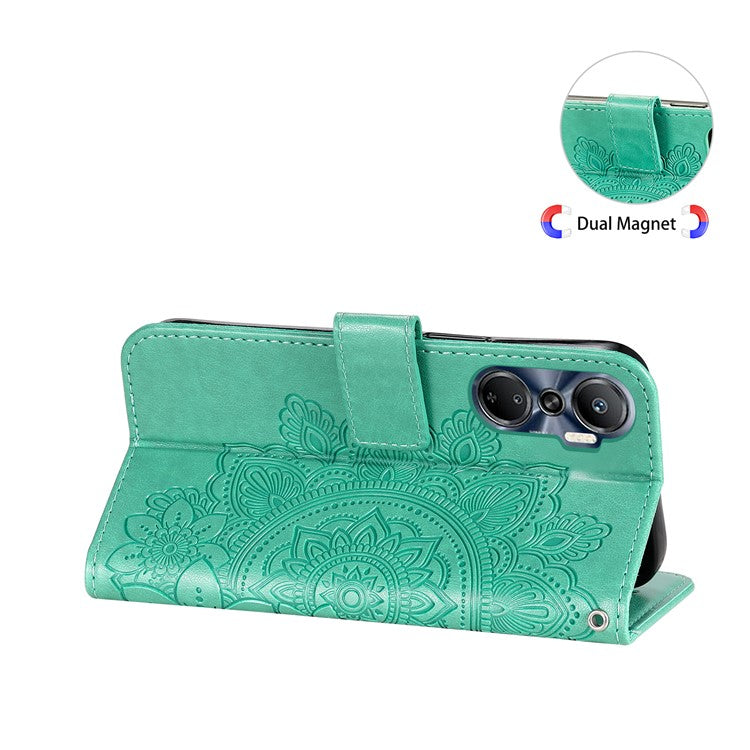 For Infinix Hot 20 4G Shockproof PU Leather Phone Case Stand Wallet Flower Imprinting Anti-Drop Phone Cover with Strap - Green
