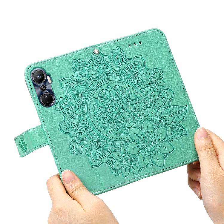 For Infinix Hot 20 4G Shockproof PU Leather Phone Case Stand Wallet Flower Imprinting Anti-Drop Phone Cover with Strap - Green
