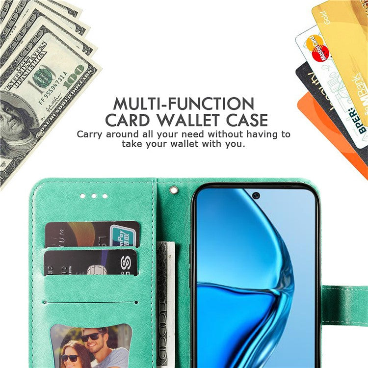 For Infinix Hot 20 4G Shockproof PU Leather Phone Case Stand Wallet Flower Imprinting Anti-Drop Phone Cover with Strap - Green