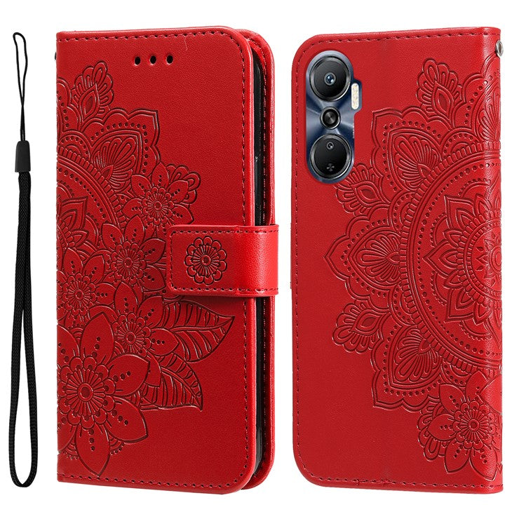 For Infinix Hot 20 4G Shockproof PU Leather Phone Case Stand Wallet Flower Imprinting Anti-Drop Phone Cover with Strap - Red