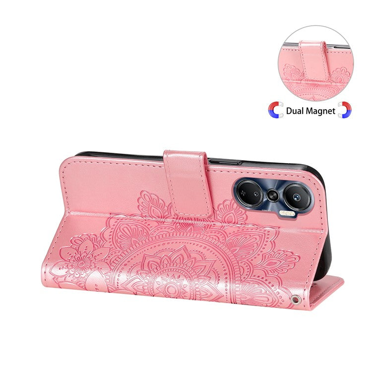 For Infinix Hot 20 4G Shockproof PU Leather Phone Case Stand Wallet Flower Imprinting Anti-Drop Phone Cover with Strap - Pink