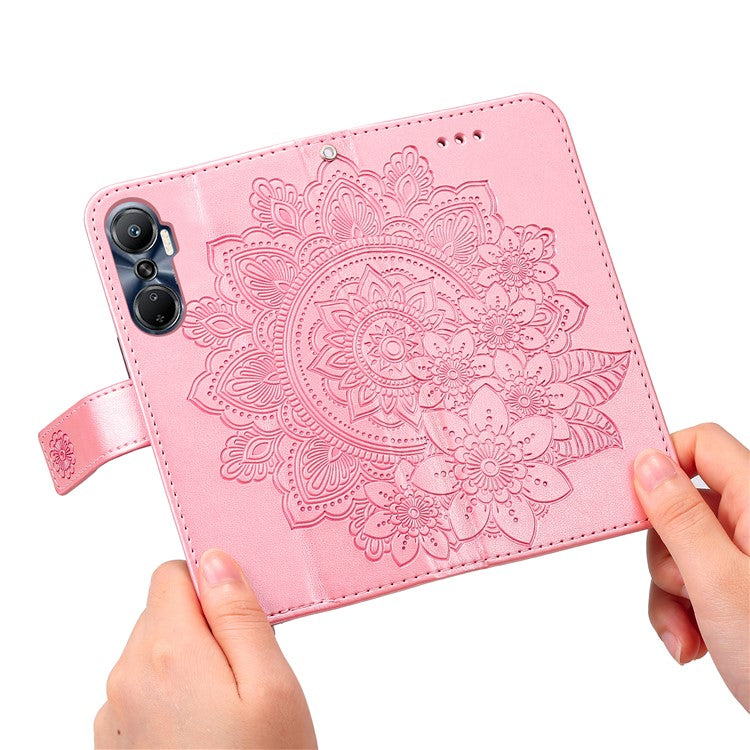 For Infinix Hot 20 4G Shockproof PU Leather Phone Case Stand Wallet Flower Imprinting Anti-Drop Phone Cover with Strap - Pink