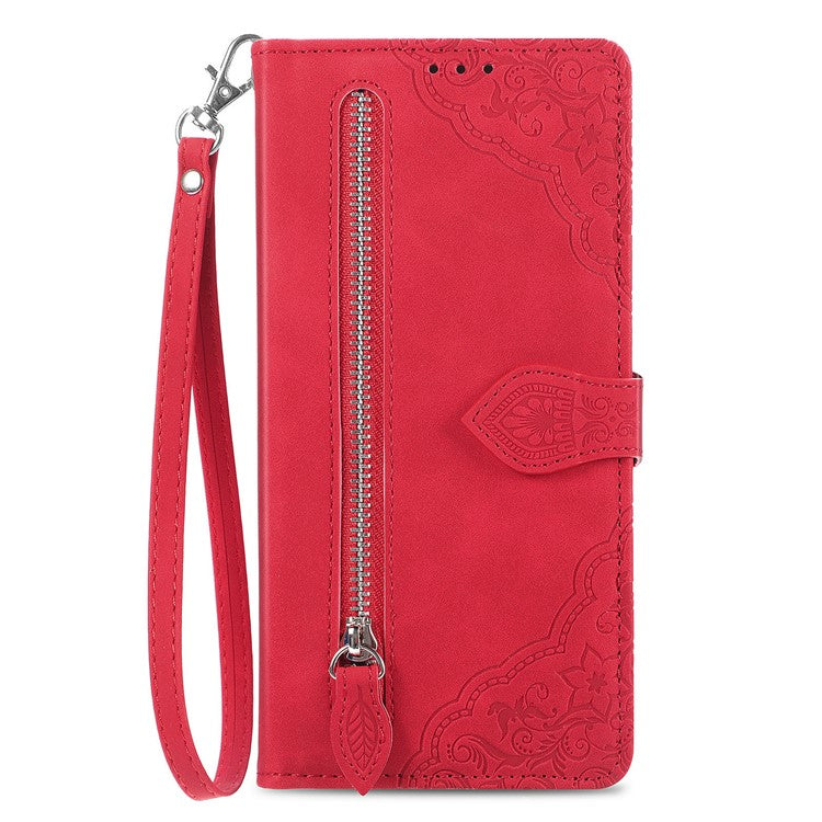 For Samsung Galaxy S23+ Flower Imprinted PU Leather Zipper Pocket Phone Case Wallet Stand Anti-wear Smartphone Cover with Strap - Red