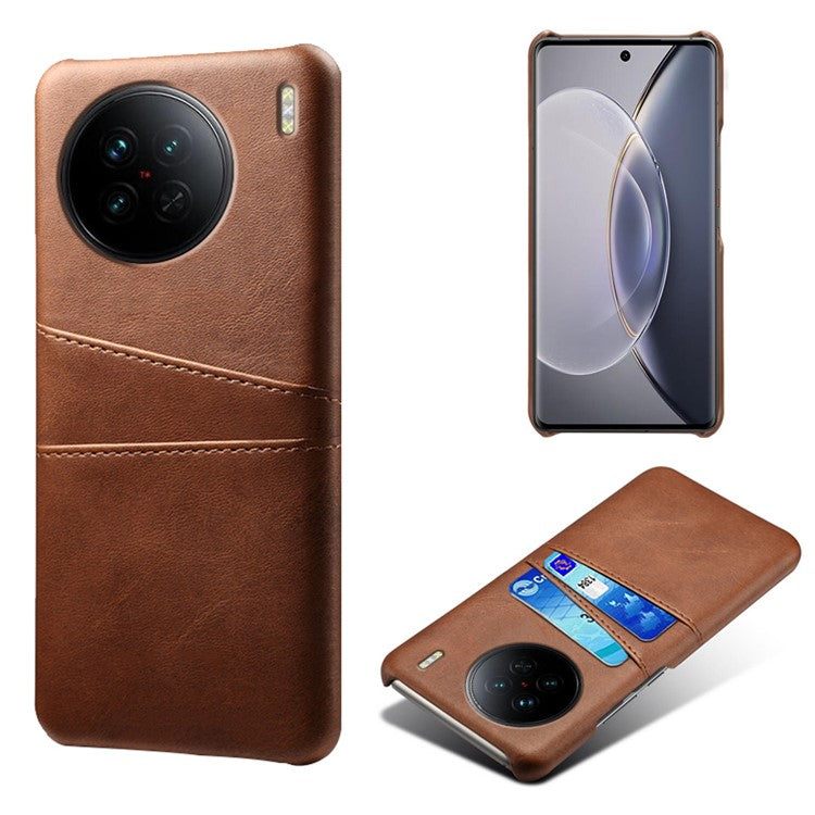 For vivo X90 5G Anti-fall Phone Back Cover Card Holder PU Leather Coated Hard PC Phone Case - Brown