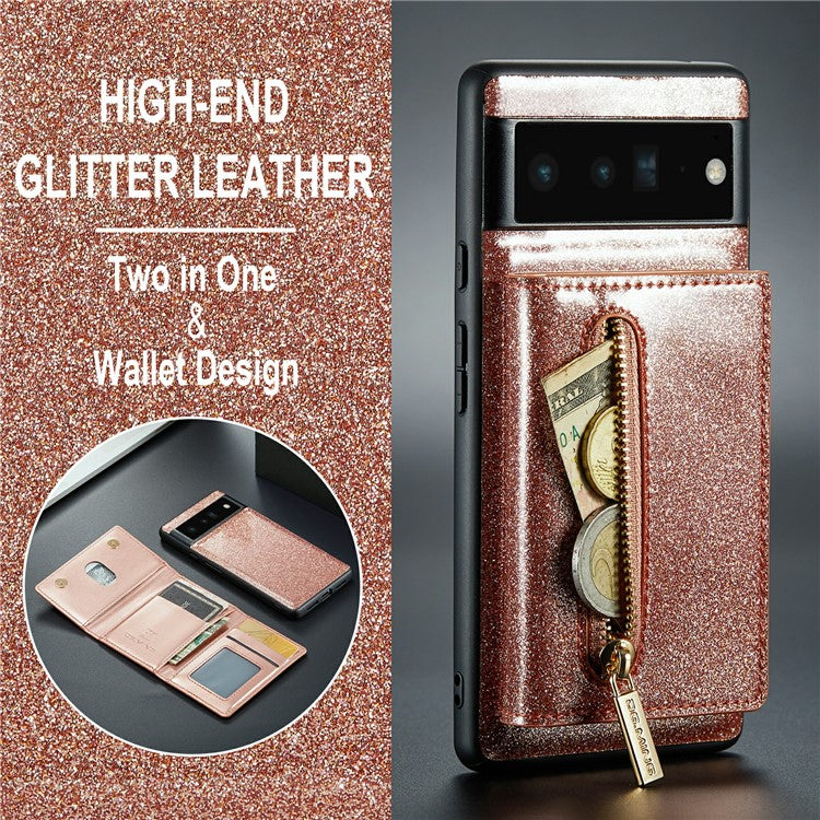 DG.MING M3 Series For Google Pixel 6 Pro 5G Glitter Bling PU Leather Detachable Cover PC+TPU Kickstand Zipper Pocket Wallet Phone Case - Rose Gold