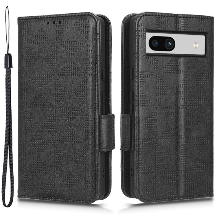For Google Pixel 7a Imprinted Triangle Pattern Phone Cover Stand Wallet PU Leather Magnetic Clasp Case - Black