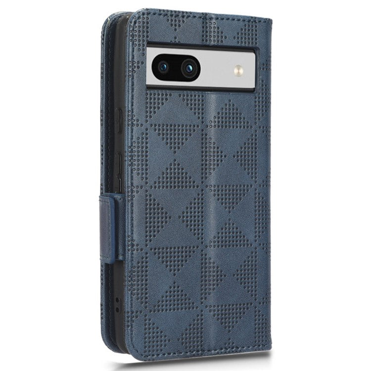 For Google Pixel 7a Imprinted Triangle Pattern Phone Cover Stand Wallet PU Leather Magnetic Clasp Case - Blue