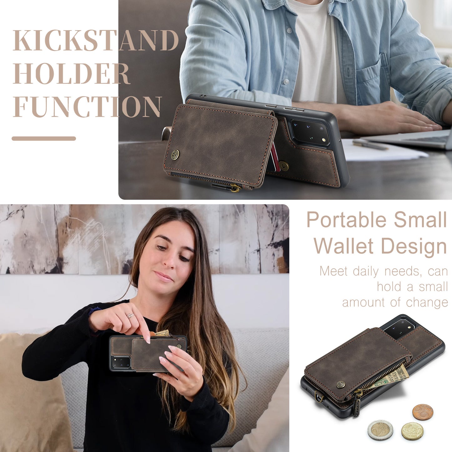 CASEME C20 Series for Samsung Galaxy S20 Plus 5G / 4G RFID Blocking PU Leather Coated TPU Cover Wallet Kickstand Zipper Pocket Phone Case - Coffee