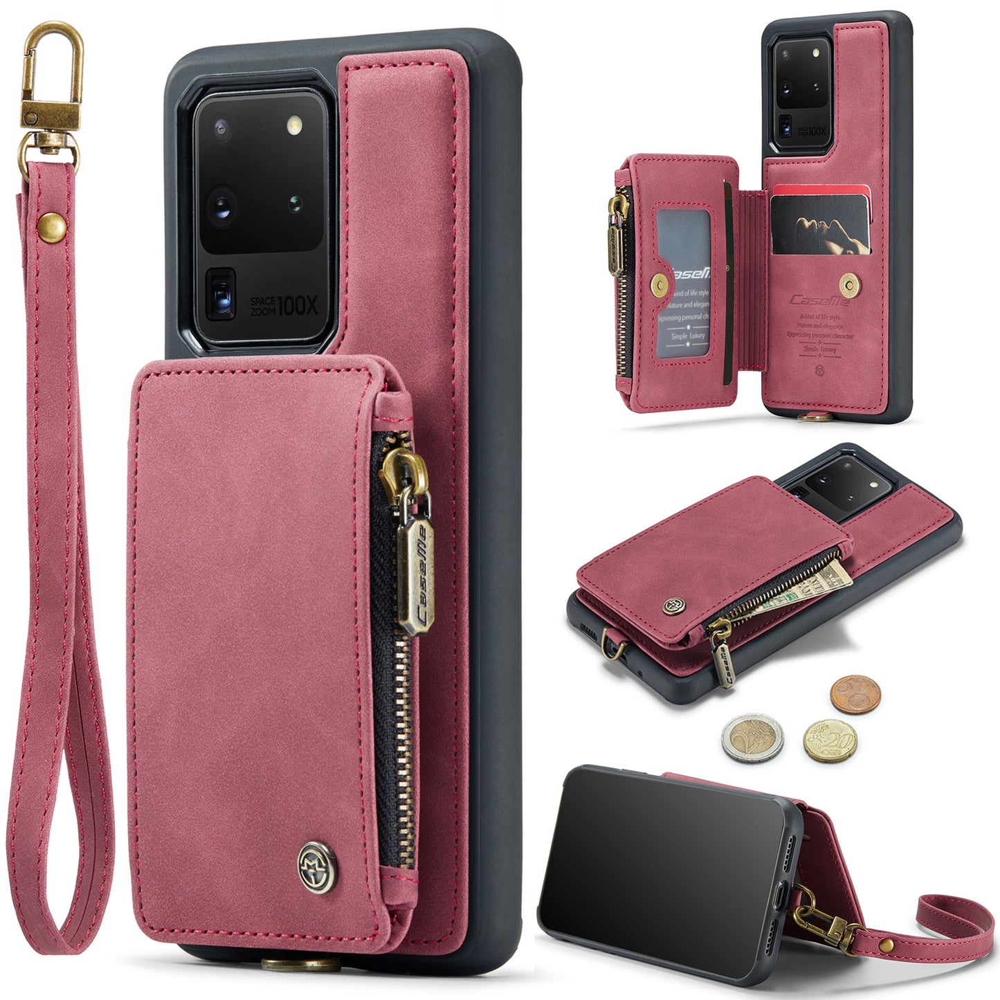 CASEME C20 Series for Samsung Galaxy S20 Ultra RFID Blocking Wallet Kickstand Zipper Pocket Phone Case Anti-drop Anti-scratch Leather Coated TPU Phone Cover - Red