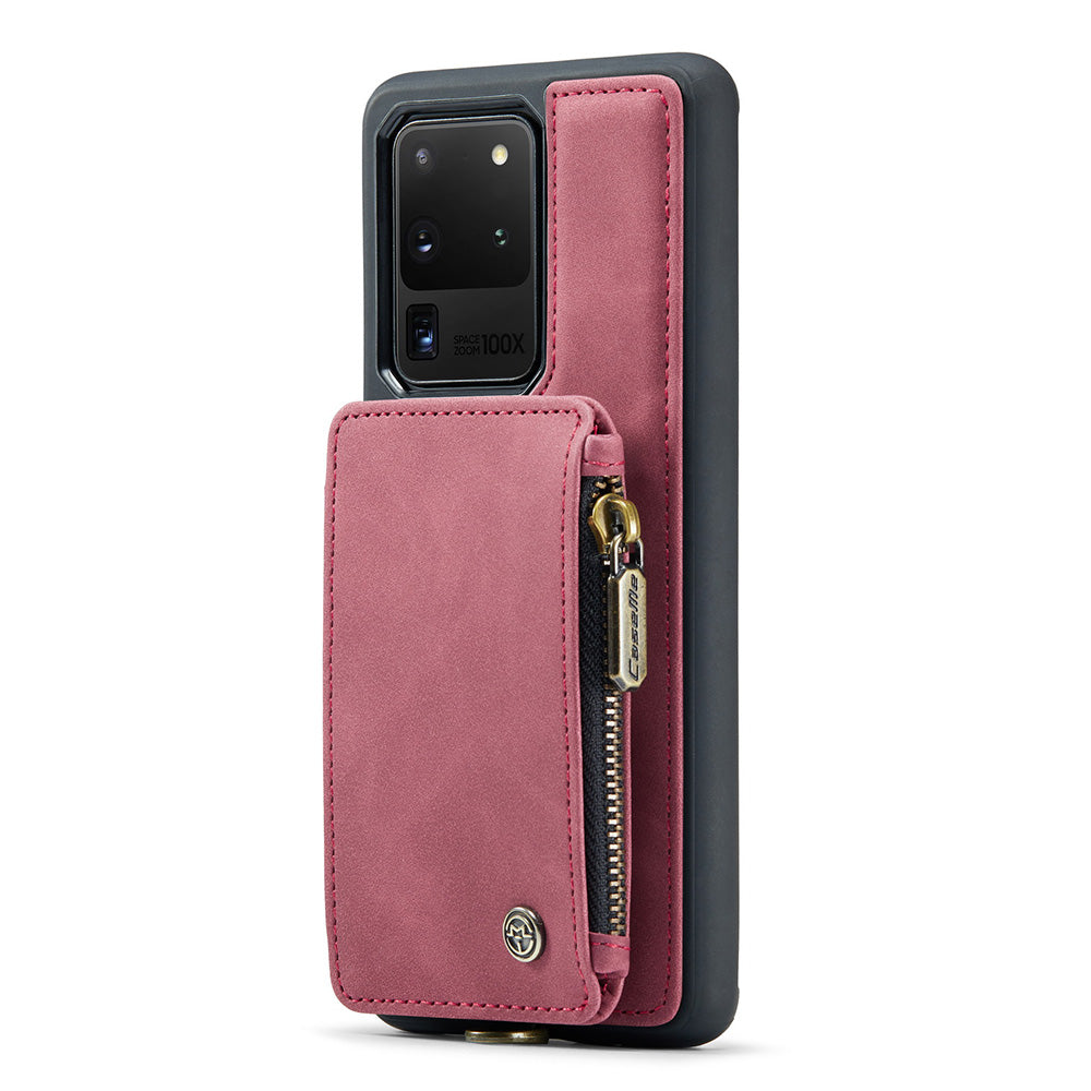 CASEME C20 Series for Samsung Galaxy S20 Ultra RFID Blocking Wallet Kickstand Zipper Pocket Phone Case Anti-drop Anti-scratch Leather Coated TPU Phone Cover - Red