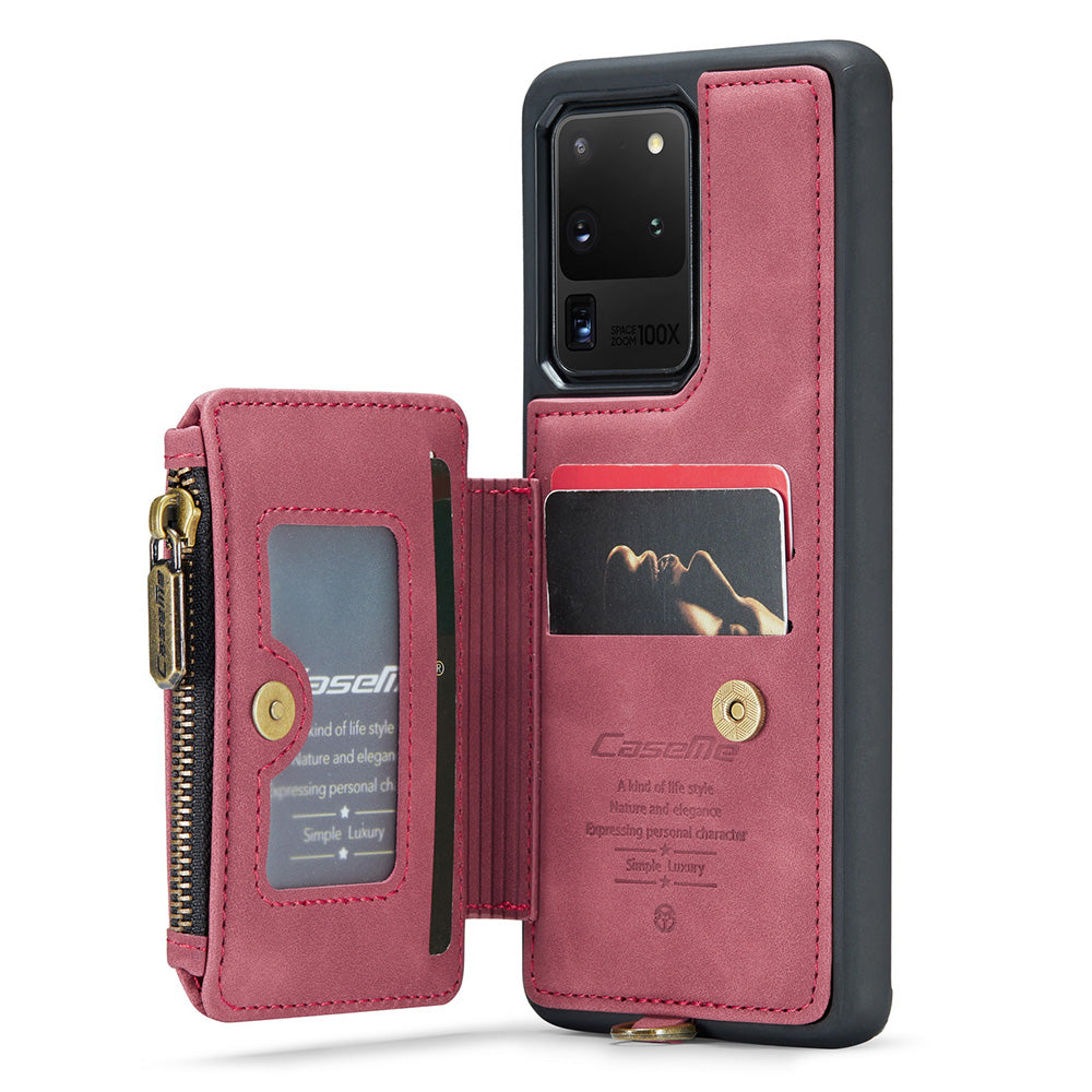 CASEME C20 Series for Samsung Galaxy S20 Ultra RFID Blocking Wallet Kickstand Zipper Pocket Phone Case Anti-drop Anti-scratch Leather Coated TPU Phone Cover - Red