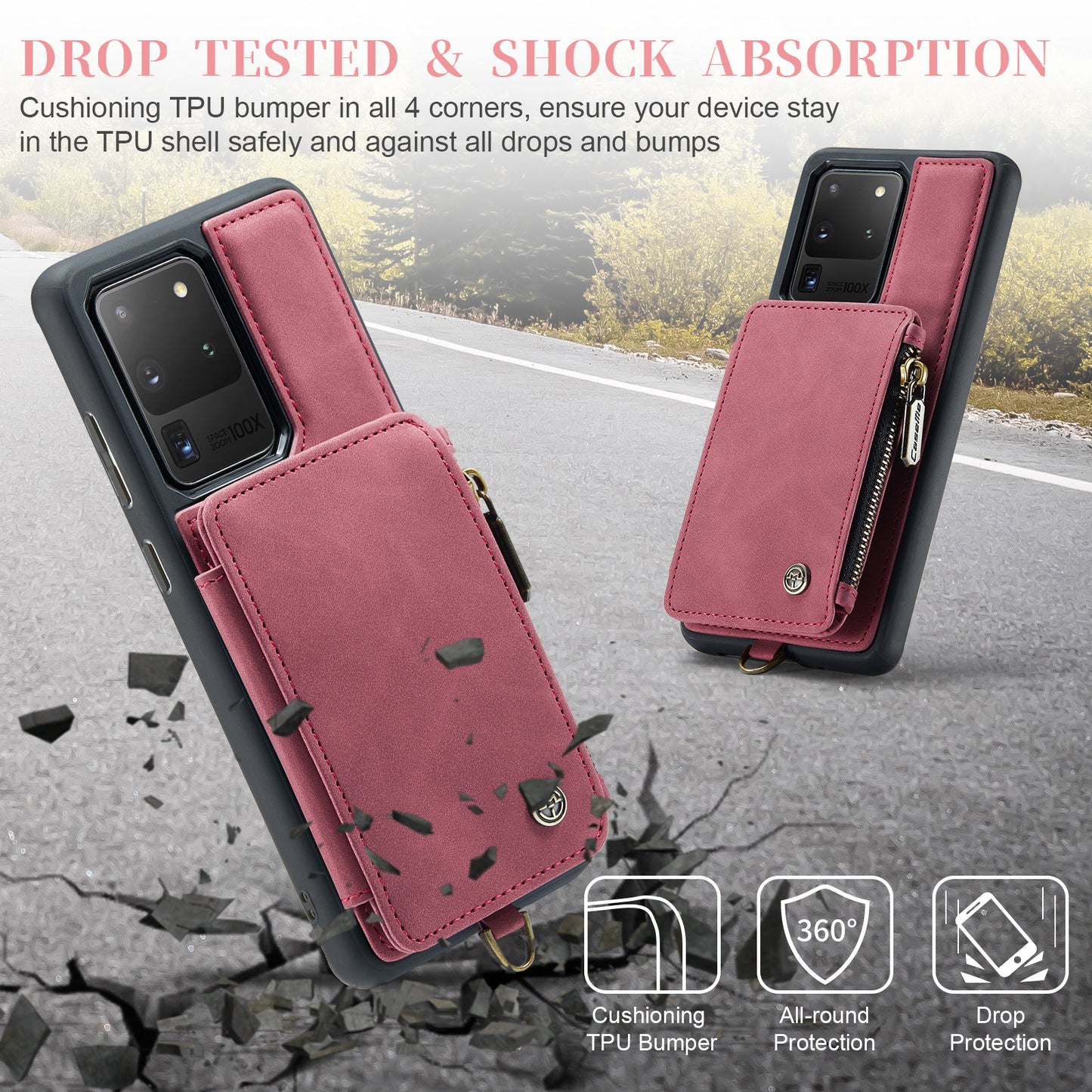 CASEME C20 Series for Samsung Galaxy S20 Ultra RFID Blocking Wallet Kickstand Zipper Pocket Phone Case Anti-drop Anti-scratch Leather Coated TPU Phone Cover - Red
