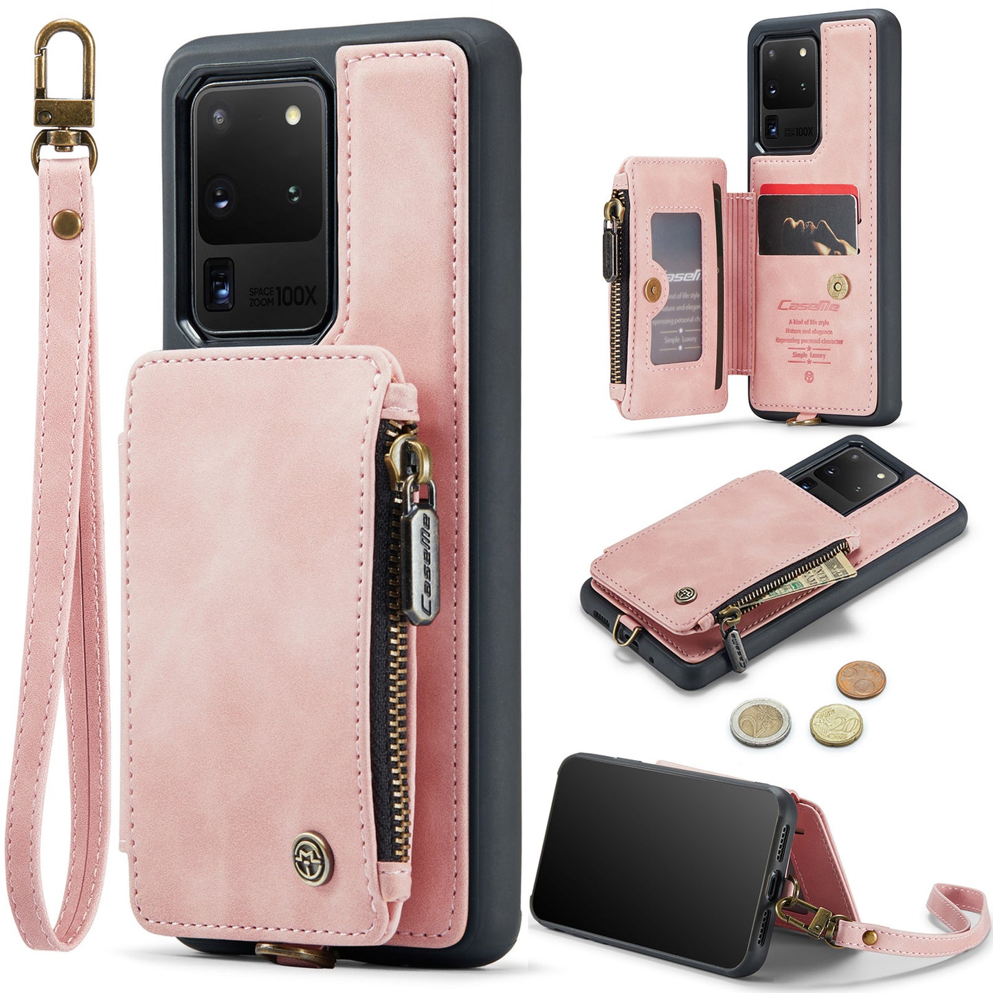 CASEME C20 Series for Samsung Galaxy S20 Ultra RFID Blocking Wallet Kickstand Zipper Pocket Phone Case Anti-drop Anti-scratch Leather Coated TPU Phone Cover - Pink