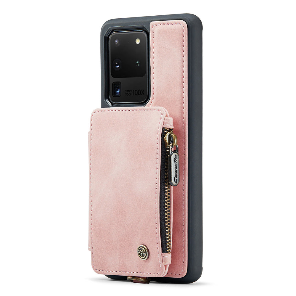 CASEME C20 Series for Samsung Galaxy S20 Ultra RFID Blocking Wallet Kickstand Zipper Pocket Phone Case Anti-drop Anti-scratch Leather Coated TPU Phone Cover - Pink