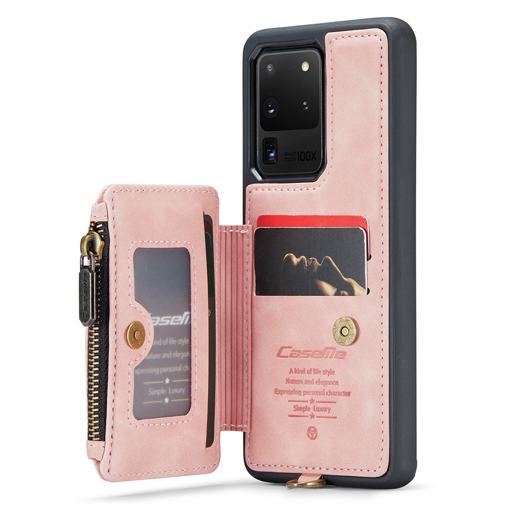 CASEME C20 Series for Samsung Galaxy S20 Ultra RFID Blocking Wallet Kickstand Zipper Pocket Phone Case Anti-drop Anti-scratch Leather Coated TPU Phone Cover - Pink