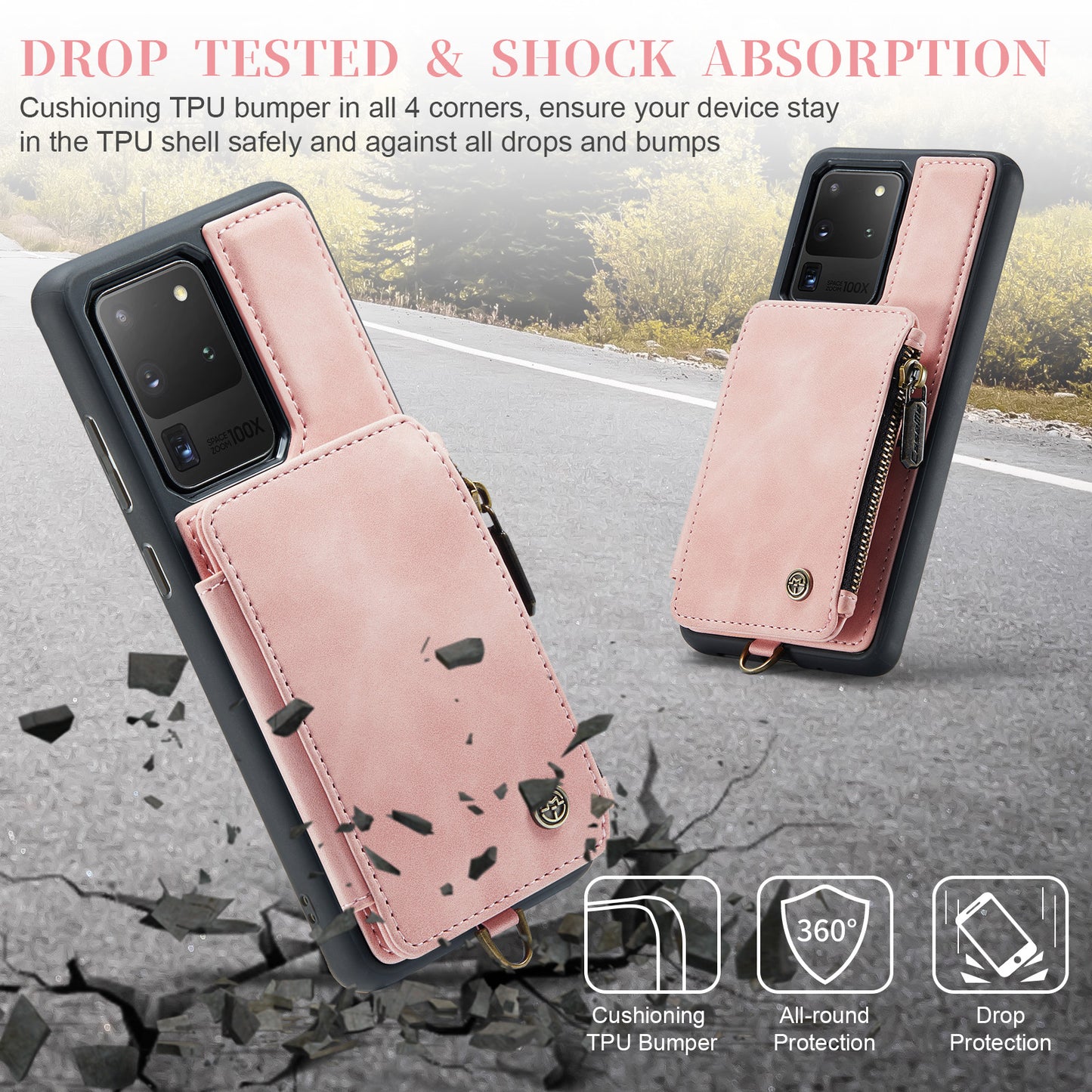 CASEME C20 Series for Samsung Galaxy S20 Ultra RFID Blocking Wallet Kickstand Zipper Pocket Phone Case Anti-drop Anti-scratch Leather Coated TPU Phone Cover - Pink