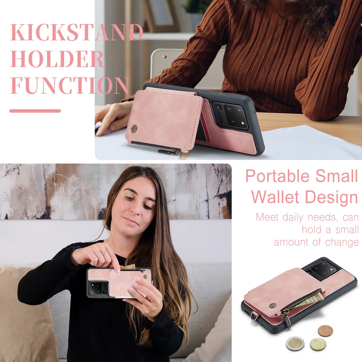 CASEME C20 Series for Samsung Galaxy S20 Ultra RFID Blocking Wallet Kickstand Zipper Pocket Phone Case Anti-drop Anti-scratch Leather Coated TPU Phone Cover - Pink