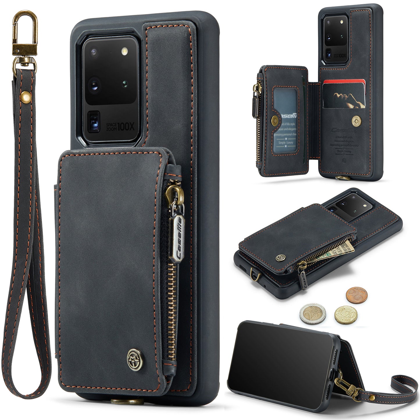 CASEME C20 Series for Samsung Galaxy S20 Ultra RFID Blocking Wallet Kickstand Zipper Pocket Phone Case Anti-drop Anti-scratch Leather Coated TPU Phone Cover - Black