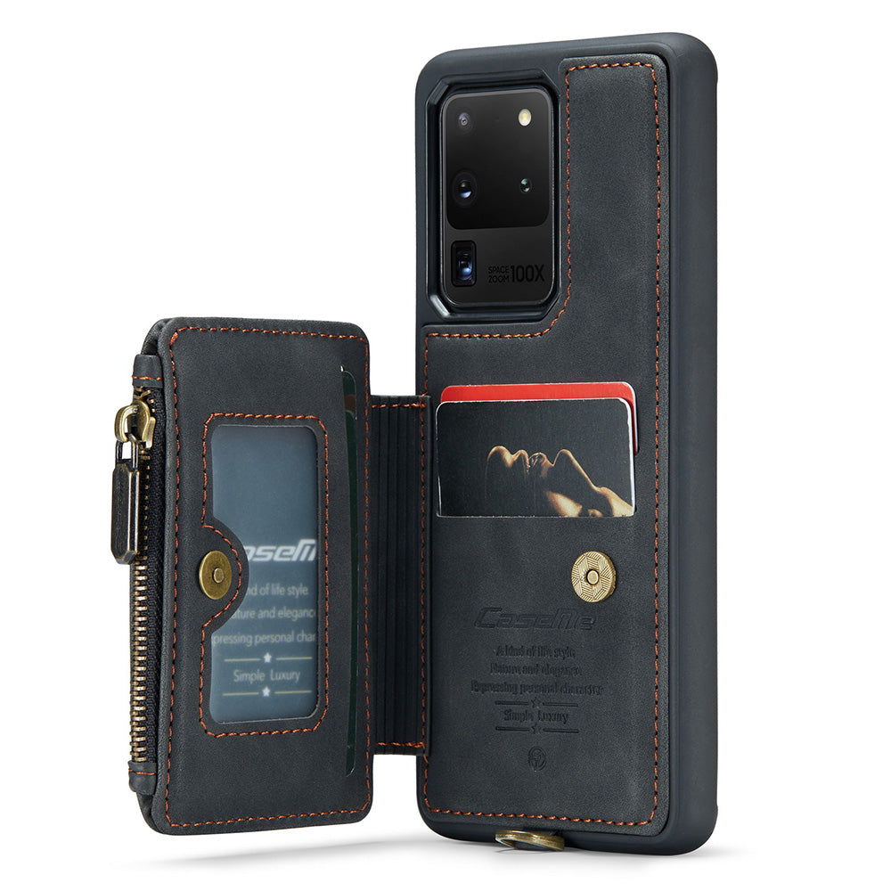 CASEME C20 Series for Samsung Galaxy S20 Ultra RFID Blocking Wallet Kickstand Zipper Pocket Phone Case Anti-drop Anti-scratch Leather Coated TPU Phone Cover - Black