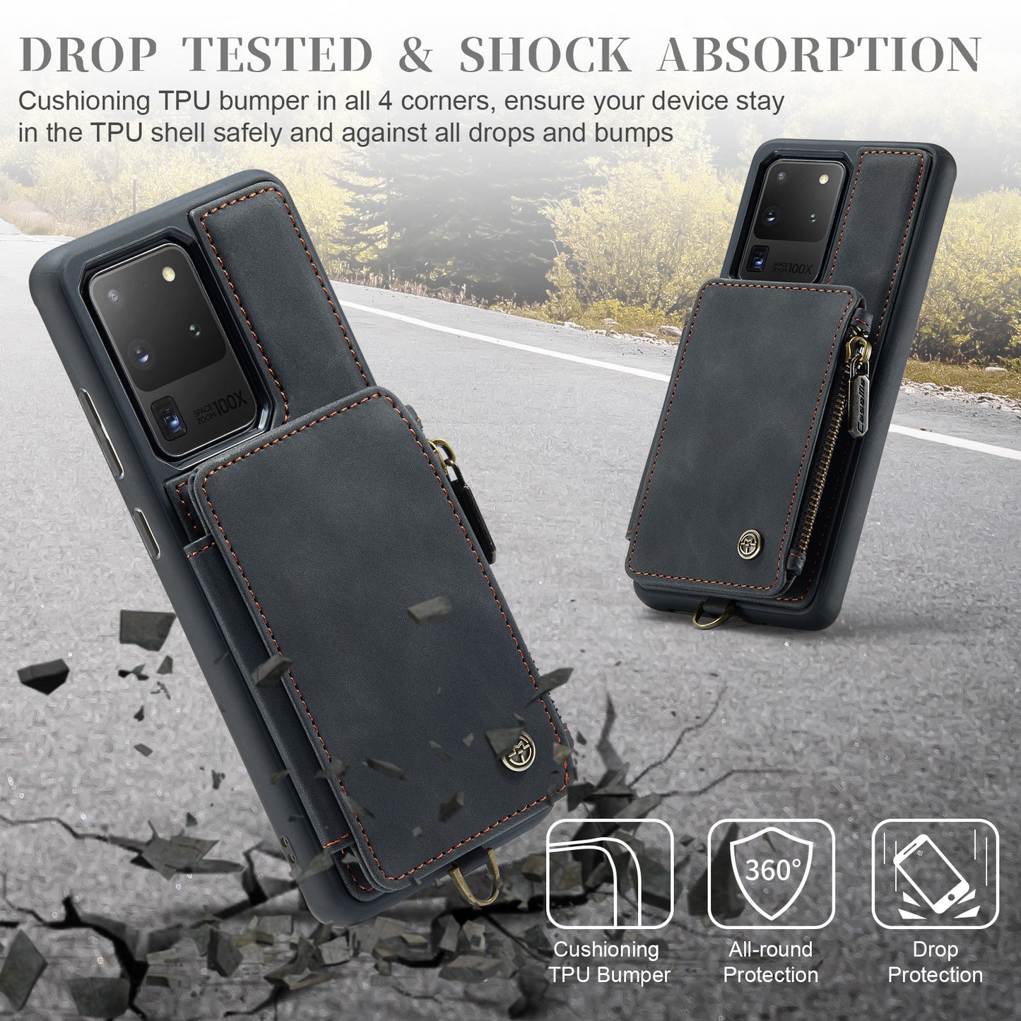 CASEME C20 Series for Samsung Galaxy S20 Ultra RFID Blocking Wallet Kickstand Zipper Pocket Phone Case Anti-drop Anti-scratch Leather Coated TPU Phone Cover - Black