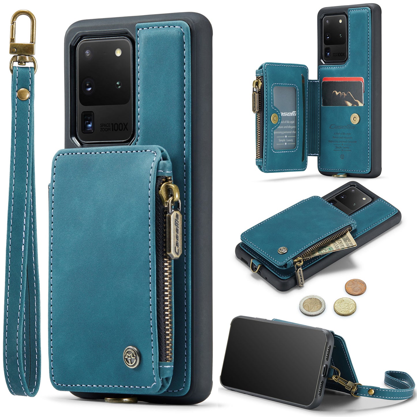 CASEME C20 Series for Samsung Galaxy S20 Ultra RFID Blocking Wallet Kickstand Zipper Pocket Phone Case Anti-drop Anti-scratch Leather Coated TPU Phone Cover - Blue
