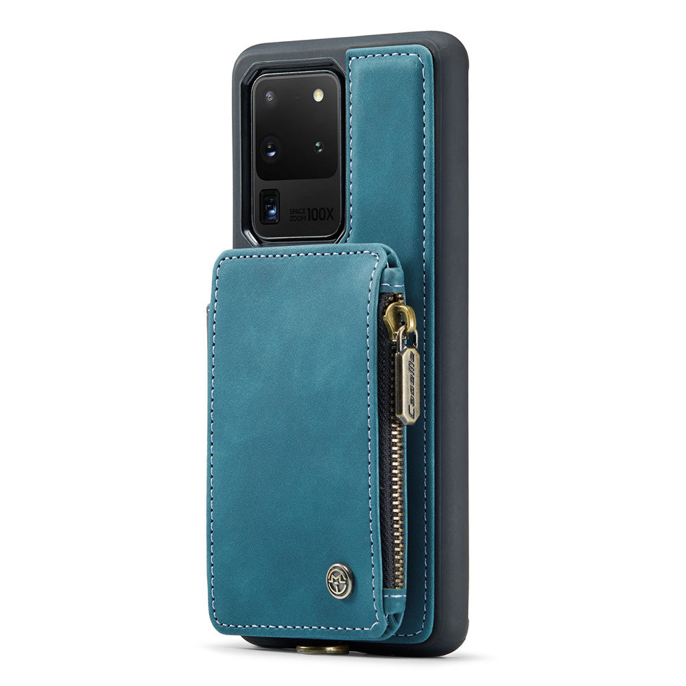 CASEME C20 Series for Samsung Galaxy S20 Ultra RFID Blocking Wallet Kickstand Zipper Pocket Phone Case Anti-drop Anti-scratch Leather Coated TPU Phone Cover - Blue