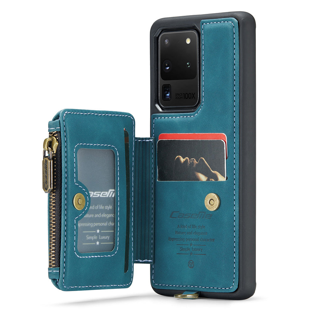 CASEME C20 Series for Samsung Galaxy S20 Ultra RFID Blocking Wallet Kickstand Zipper Pocket Phone Case Anti-drop Anti-scratch Leather Coated TPU Phone Cover - Blue