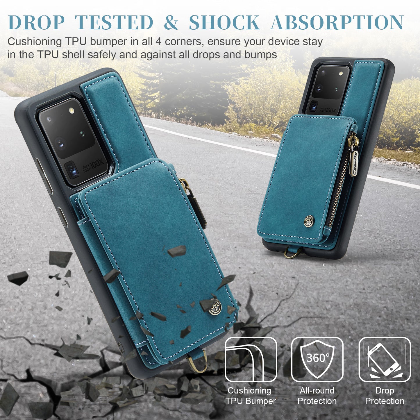 CASEME C20 Series for Samsung Galaxy S20 Ultra RFID Blocking Wallet Kickstand Zipper Pocket Phone Case Anti-drop Anti-scratch Leather Coated TPU Phone Cover - Blue