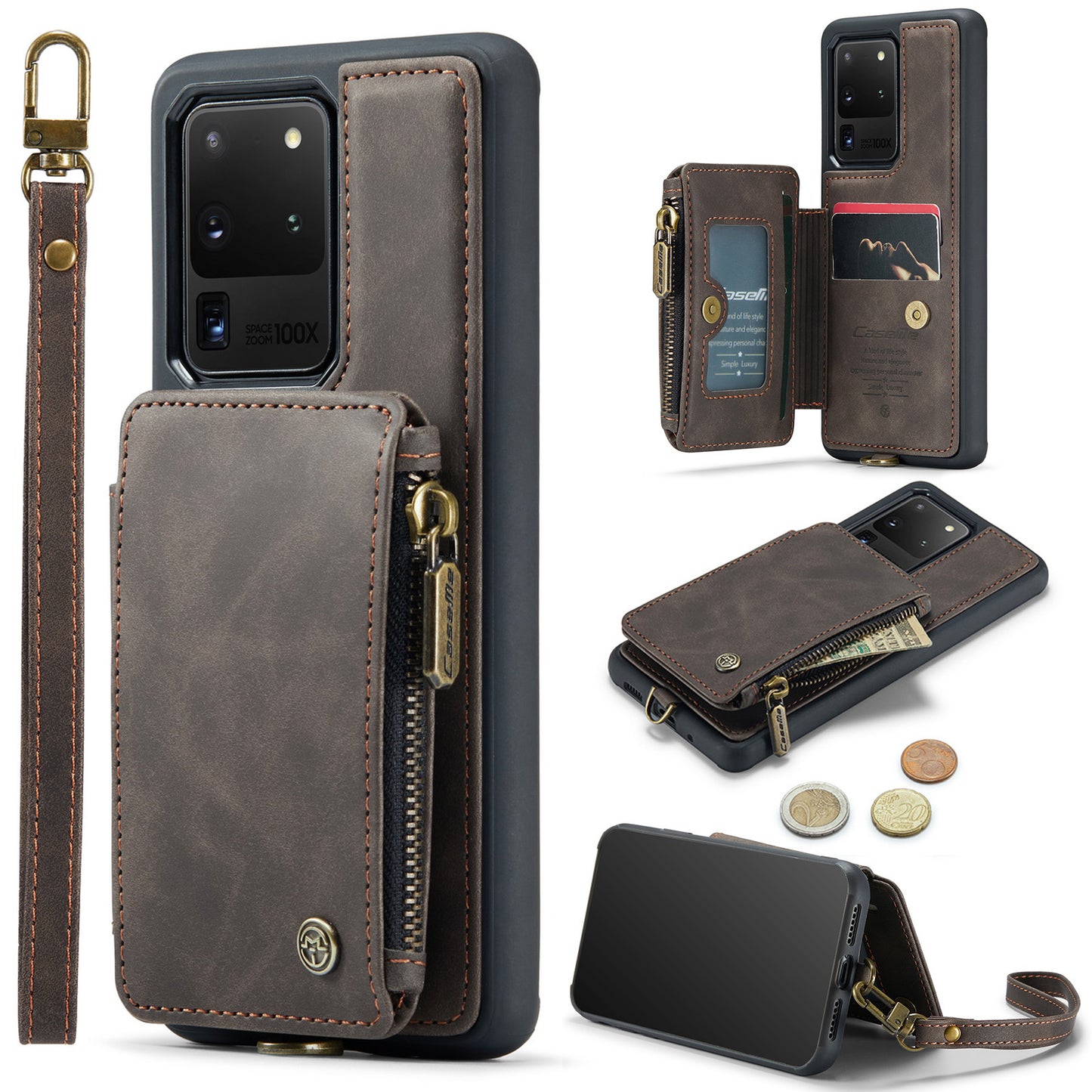 CASEME C20 Series for Samsung Galaxy S20 Ultra RFID Blocking Wallet Kickstand Zipper Pocket Phone Case Anti-drop Anti-scratch Leather Coated TPU Phone Cover - Coffee