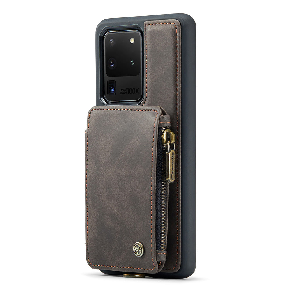 CASEME C20 Series for Samsung Galaxy S20 Ultra RFID Blocking Wallet Kickstand Zipper Pocket Phone Case Anti-drop Anti-scratch Leather Coated TPU Phone Cover - Coffee
