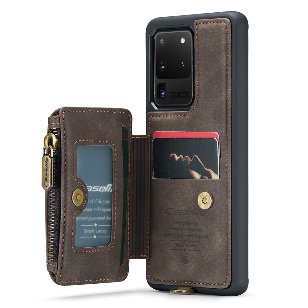 CASEME C20 Series for Samsung Galaxy S20 Ultra RFID Blocking Wallet Kickstand Zipper Pocket Phone Case Anti-drop Anti-scratch Leather Coated TPU Phone Cover - Coffee