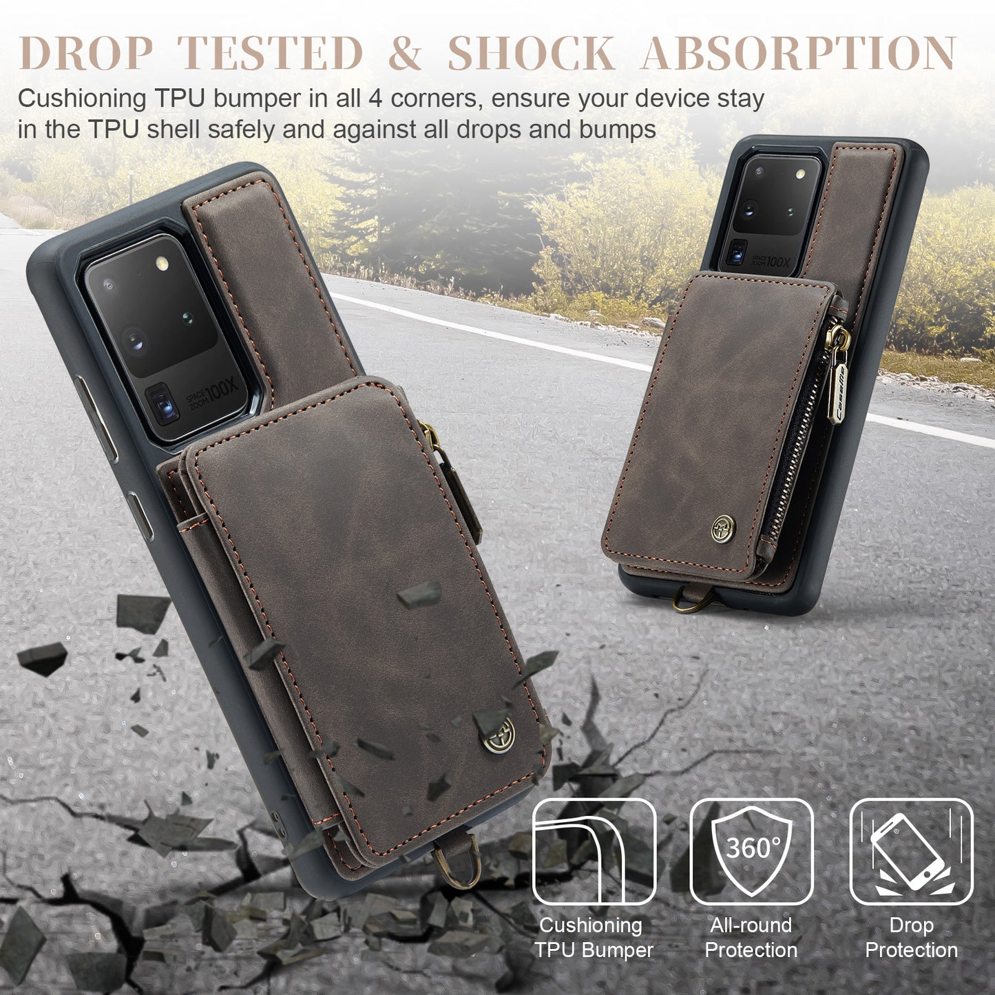CASEME C20 Series for Samsung Galaxy S20 Ultra RFID Blocking Wallet Kickstand Zipper Pocket Phone Case Anti-drop Anti-scratch Leather Coated TPU Phone Cover - Coffee