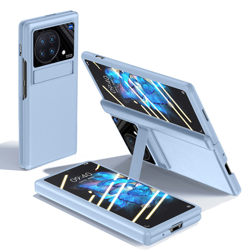 For vivo X Fold PU Leather Coated PC Full Protection Phone Case Kickstand Cover with Ultra Clear Tempered Glass Film - Blue