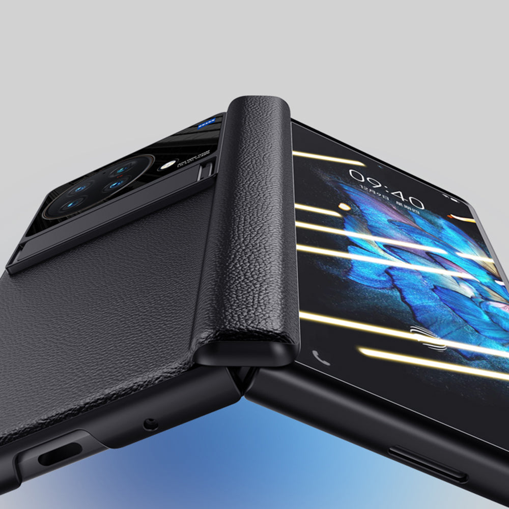 For vivo X Fold PU Leather Coated PC Full Protection Phone Case Kickstand Cover with Ultra Clear Tempered Glass Film - Blue