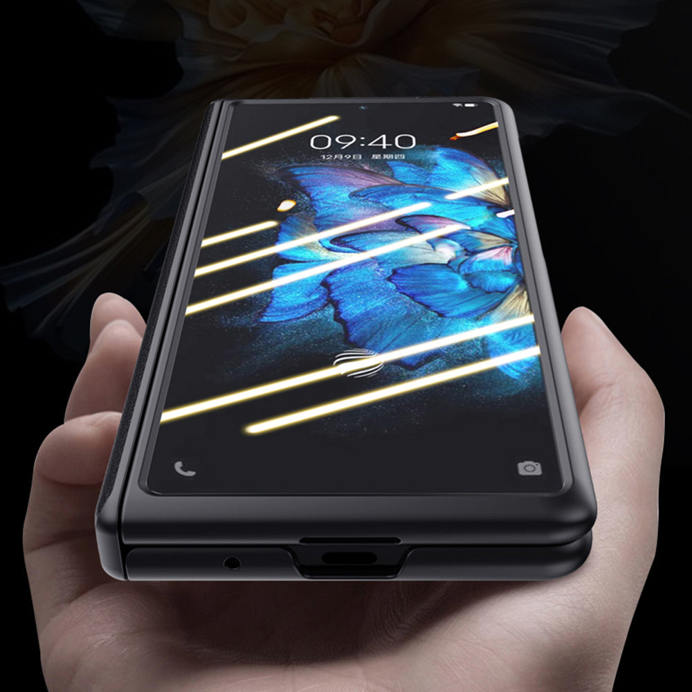 For vivo X Fold PU Leather Coated PC Full Protection Phone Case Kickstand Cover with Ultra Clear Tempered Glass Film - Blue