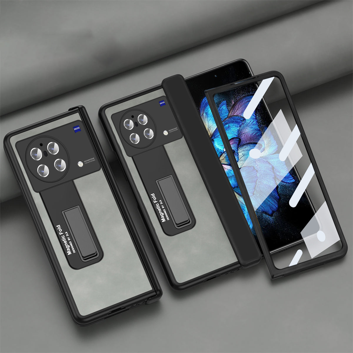 Nappa Texture Phone Case For vivo X Fold, Hinge Protection Kickstand Anti-scratch PU Leather + PC Phone Cover with Tempered Glass Film - Grey