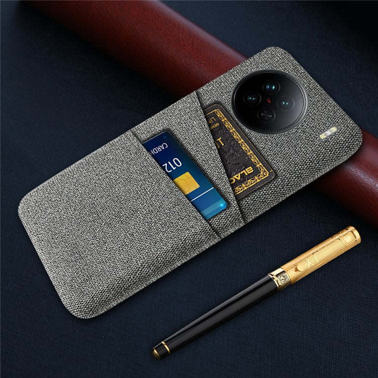 For vivo X90 5G Anti-scratch Cloth Texture Phone Case Protective PC Cover with Dual Card Slots - Grey