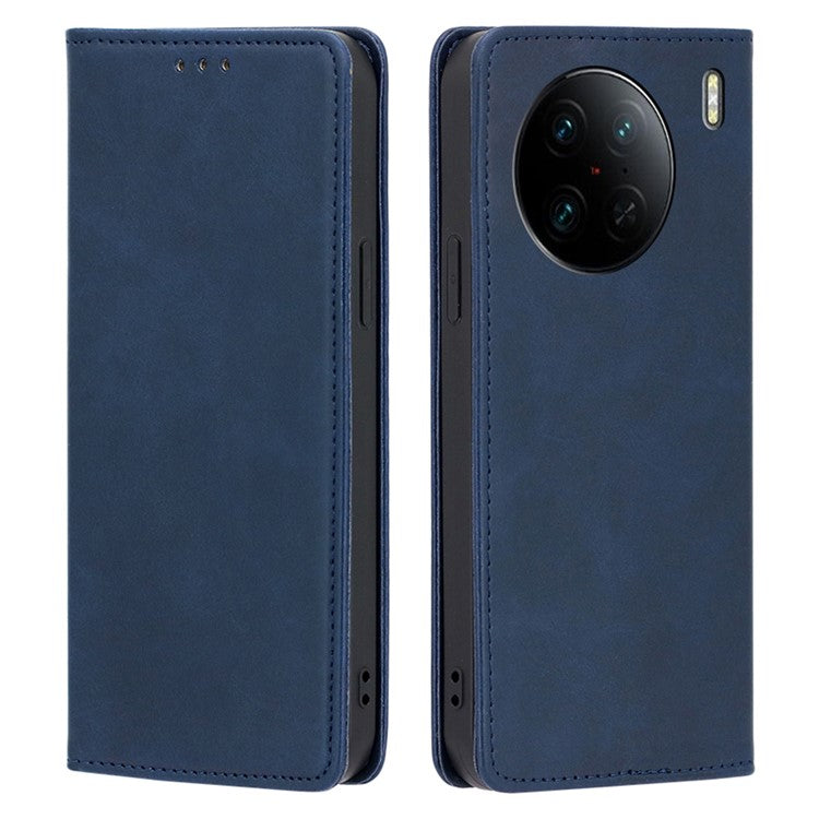 For vivo X90 Pro 5G Calf Texture PU Leather Magnetic Auto-absorbed Phone Case Full Protection Inner TPU Cover with Wallet Stand - Blue