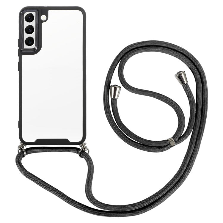 For Samsung Galaxy S22 5G Thickend Phone Case Electroplating Lens Frame TPU + Acrylic Mobile Phone Cover with Long Lanyard - Black