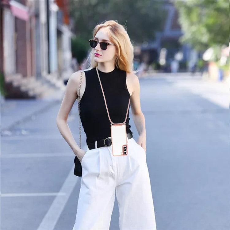For Samsung Galaxy S22 5G Thickend Phone Case Electroplating Lens Frame TPU + Acrylic Mobile Phone Cover with Long Lanyard - Black