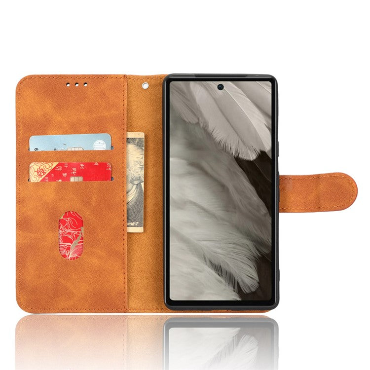 For Google Pixel 7a Skin-Touch Feeling PU Leather Flip Wallet Case Full Protection Anti-Wear Cell Phone Cover Stand - Brown
