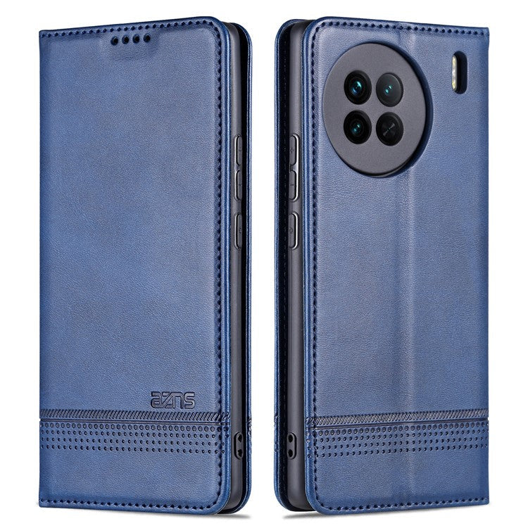 AZNS For vivo X90 5G Cowhide Texture PU Leather Wallet Full Protection Phone Case Stand Magnetic Auto Closure Flip Phone Cover - Blue