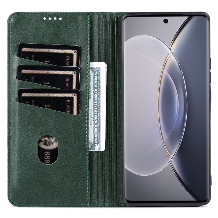 AZNS For vivo X90 5G Cowhide Texture PU Leather Wallet Full Protection Phone Case Stand Magnetic Auto Closure Flip Phone Cover - Green
